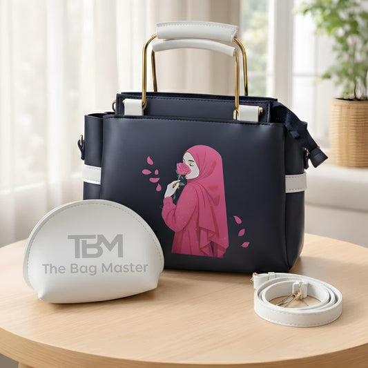 Elegant Women’s Handbag Set with Printed Design, Top Handle Tote, Crossbody Strap & Makeup Pouch